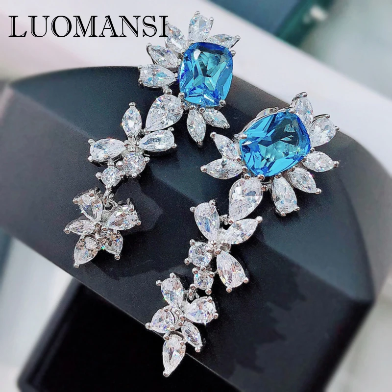 

Luomansi Blue High Carbon Diamond Tassel Earrings 100%-S925 Sterling Silver Fine Jewelry Wedding Party Birthday Gift