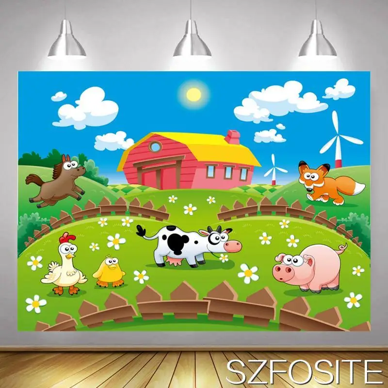 

Виниловый фон для фотосъемки детей с изображением голубого неба белых облаков животных фермы декорация стола для детского дня рождения