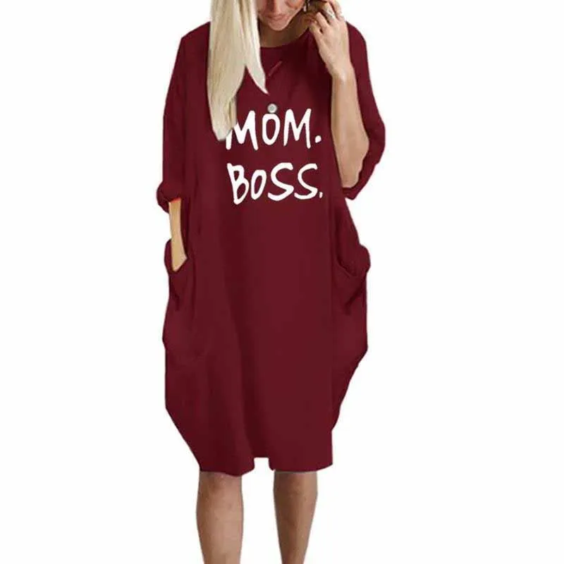 Женская футболка с открытыми плечами и карманами надписью Mom Boss Пляжное платье