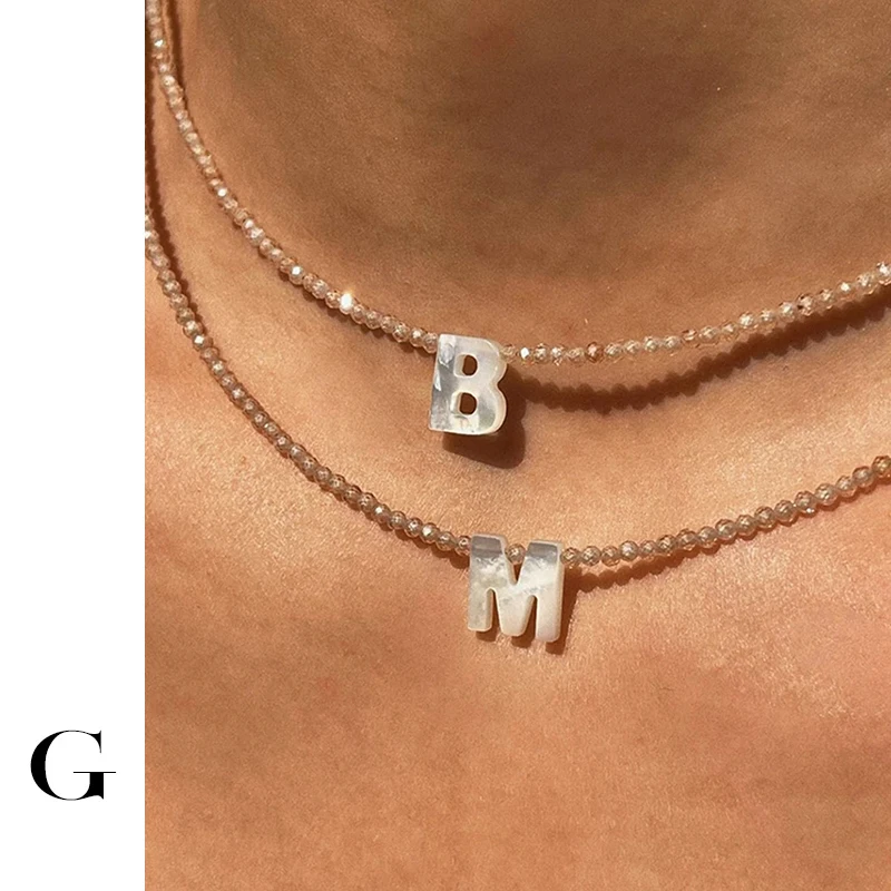 

GHIDBK Italian Simple Natural Stone And Natural Sheel Letter Necklace A-Z Alphabet Initial Personality Beads Necklaces For Women