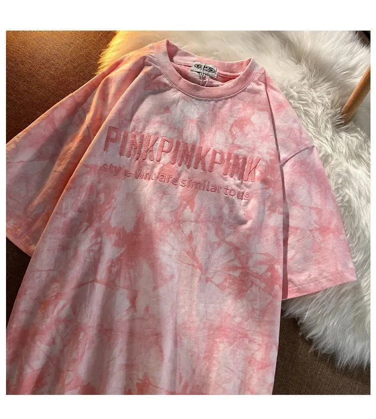 

Tie-dyed blouse with embroidered letters couples short-sleeved T-shirts women's summer loose bottoming shirt