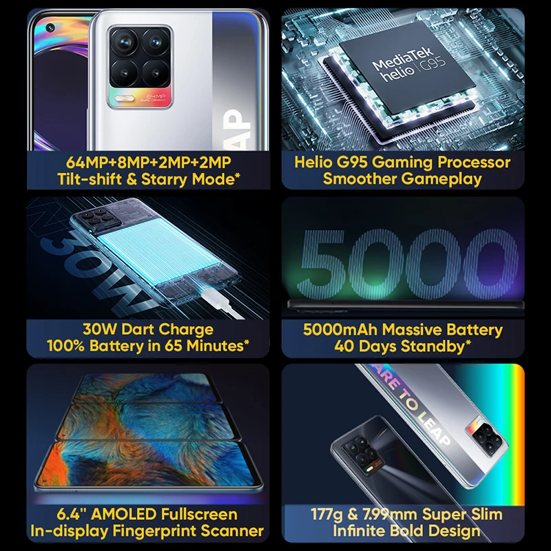realme 8 smartphone 64mp quad camera phone helio g95 6 44inch amoled display 5000mah battery 30w charge 6gb 128gb cellphone free global shipping