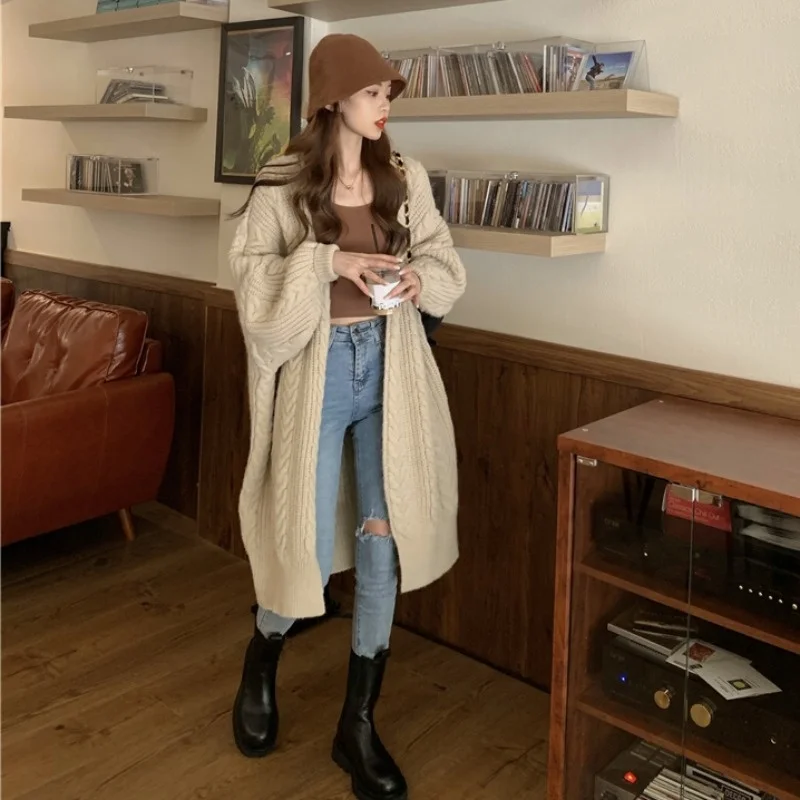 Twist Sweater Coat Women's Spring and Autumn 2021 New Loose Outer Wear Design Sense of Medium Long Knitted Cardigan | Женская одежда