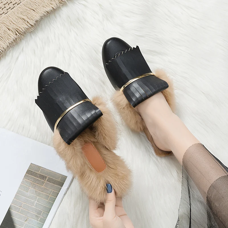 Женские уличные тапочки с кроличьим мехом Новинка 2020 года Лоферы Baotou Женская