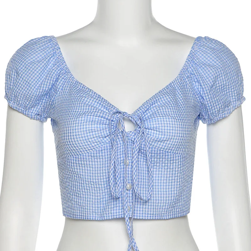 

Lacing Tops Women Slim T-Shirt Sexy V-Neck Stitching Crop Top Street Check Puff Sleeves Cotton Casual Summer Fashion 2021