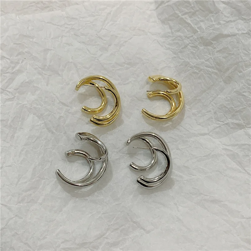 Модные геометрические серьги гвоздики золотого и серебряного цвета с тремя