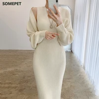 korean chic autumn temperament bodycon o neck tank knitted dress sexy solid loose crop sweater shawl coat fashion 2 piece sets