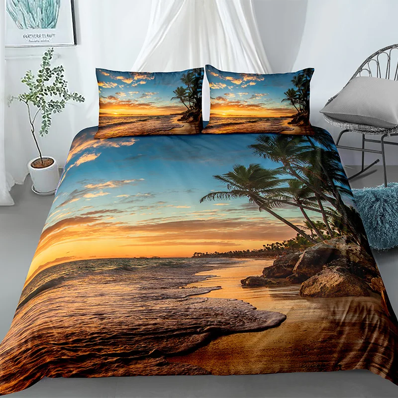 

Trees Sunset Landscape Bedding Sets Coconuts Ocean 3D Print Duvet Cover Pillowcases For Adult Kids Bed Set With Pillowcase