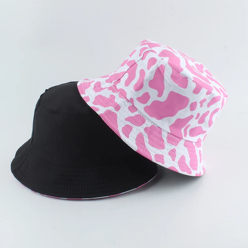 2020 New Fashion Korean Pink Cow Print Bucket Hat Women Reversible Fishing Cap Bob Chapeau Autumn Summer