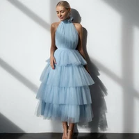 fashion demure elegant sky blue a line women dress ruffles tulle layered halter ball gown photography colors custom made