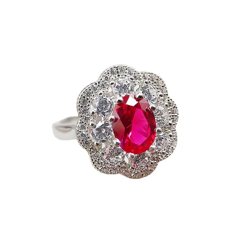 

100% 925 Sterling Silver Popular Oval Flower Ruby Ring, Exquisite Wedding Gifts Wholesale