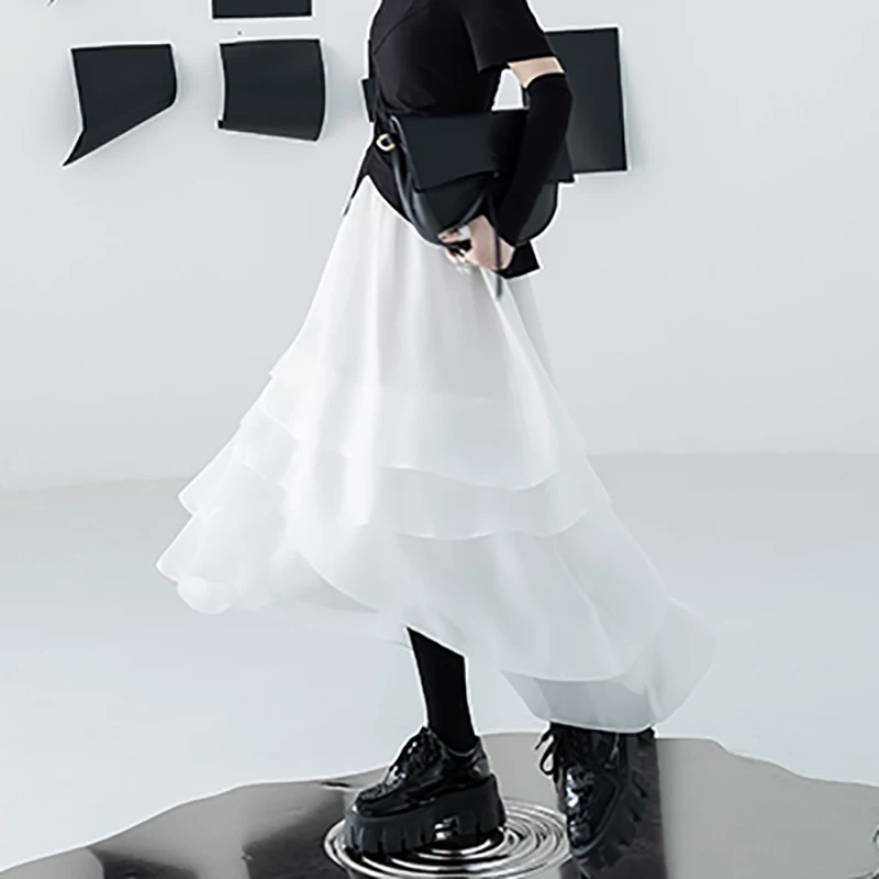 

SHENGPALAE Temperament Irregular Bright Satin A-line Skirt Women's Spring 2021 New High Waist Contrast Color Mid-calf Skirt 5B57