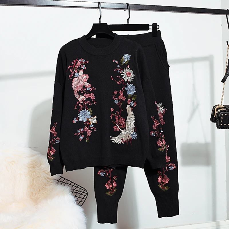 

Женский спортивный костюм из 2 предметов с вышитыми цветами, вязаный пуловер, свитер, брюки-карандаш, комплект из двух предметов, женский сво...