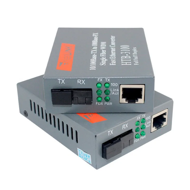 100M Optical Fiber Transceiver Media Converter Single-mode SC Port rj45 External Power Supply 25KM Fiber Transceiver HTB-3100