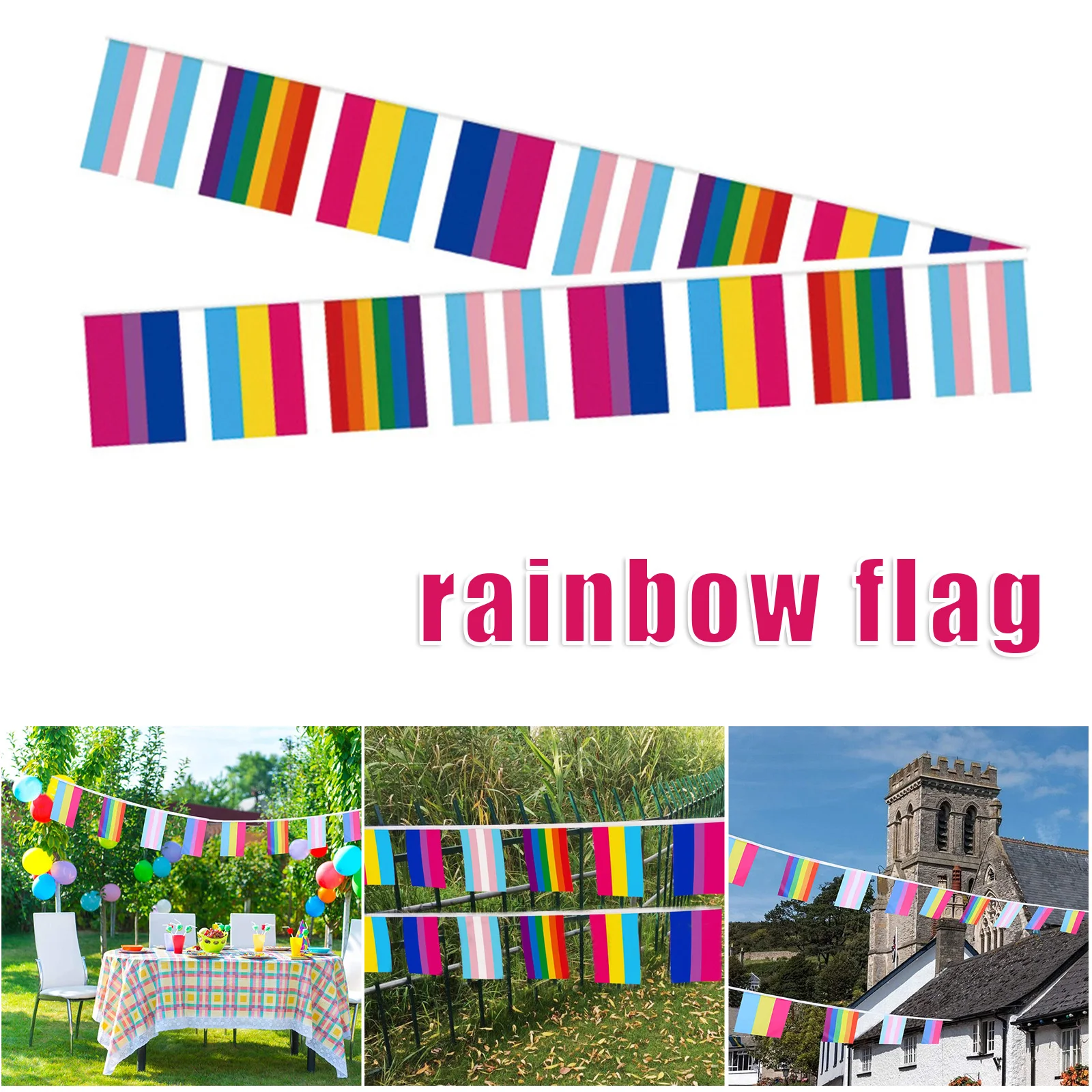 

Rainbow Flag String Rectangle Stripe Polyester Banner Colorful Decoration for Yard Festival Party