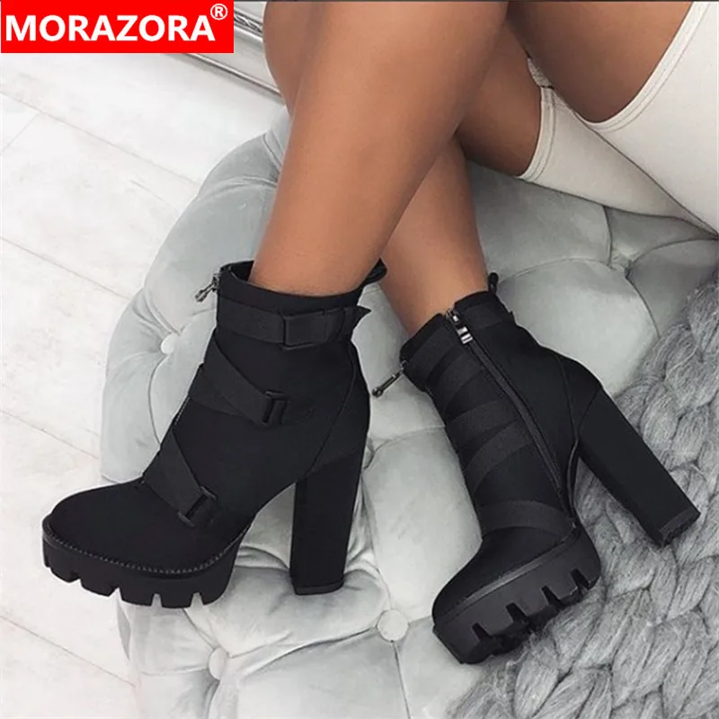 Женские ботильоны на платформе MORAZORA черные и высоком каблуке вечерние молнии с