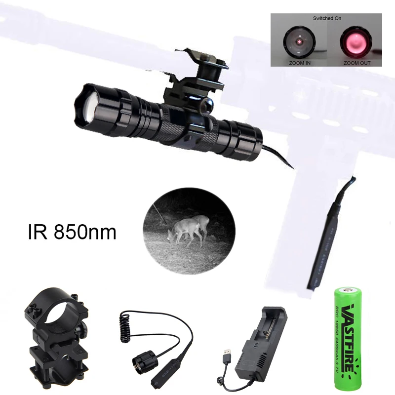 850NM Torch 5W Zoomable LED IR Infrared Vision Hunting Night Flashlight Tactical Flash light+Gun Mount+Switch+Charger+18650