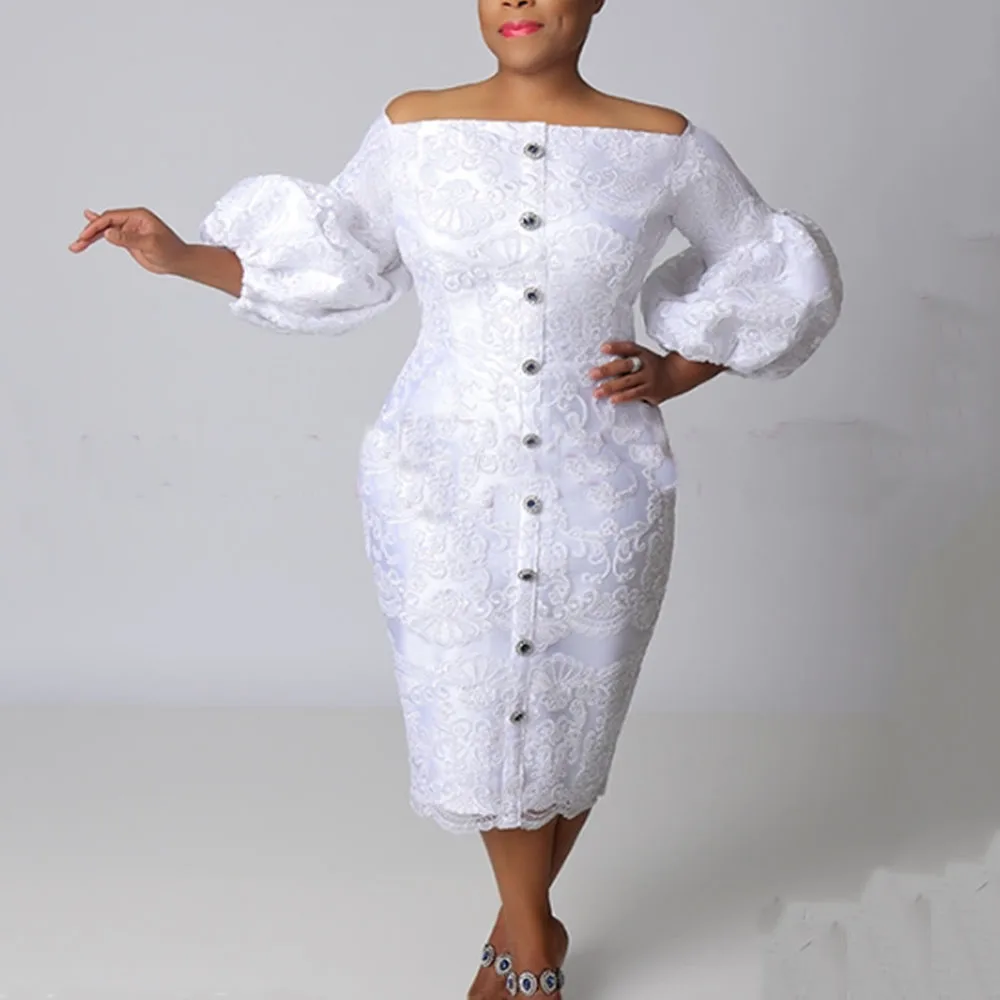 

2021 Summer New Decorative Single Breasted Lantern Sleeve Women's Dress African Oversize Solid Color One Word Collar