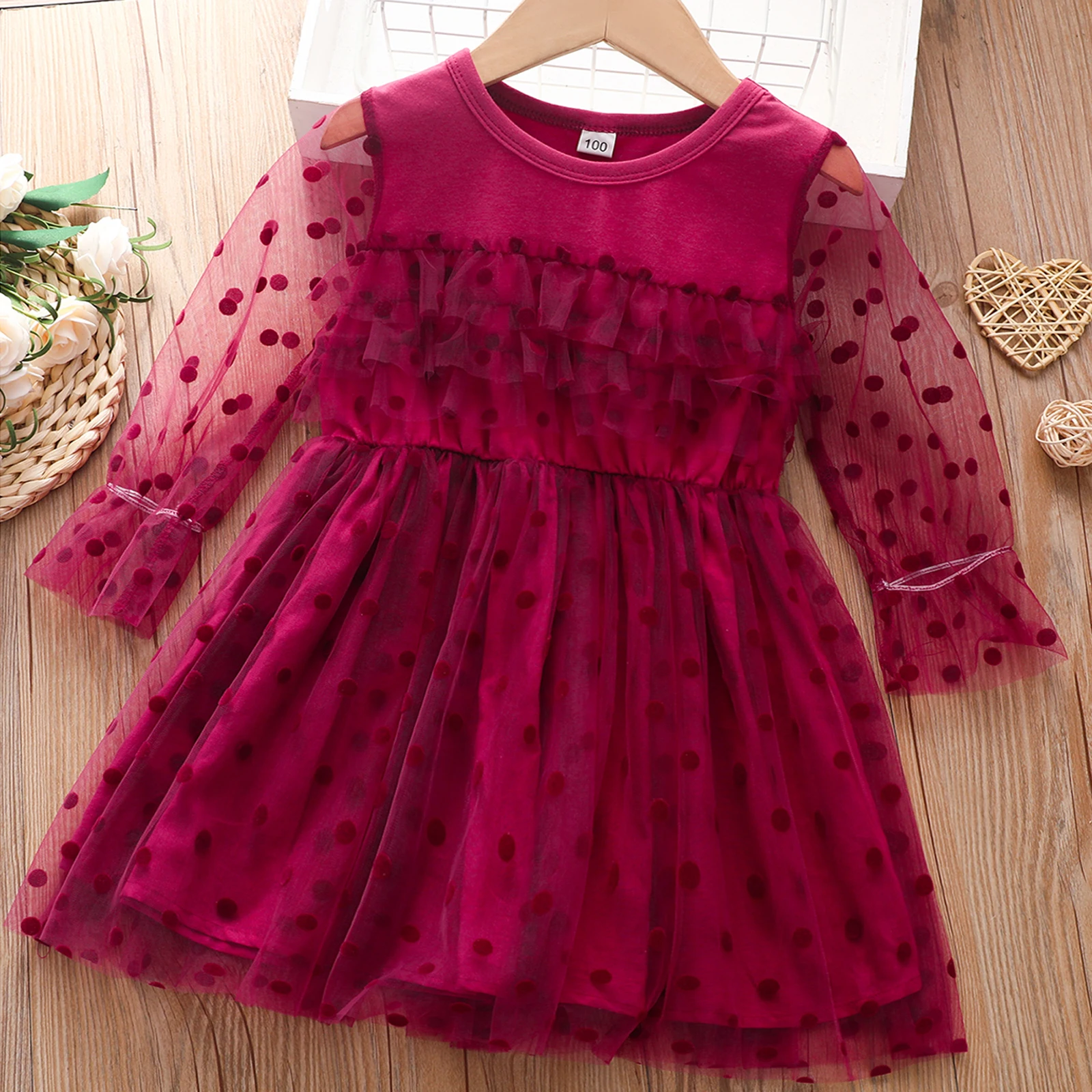 

Детское платье принцессы в горошек, с круглым вырезом и длинным рукавом