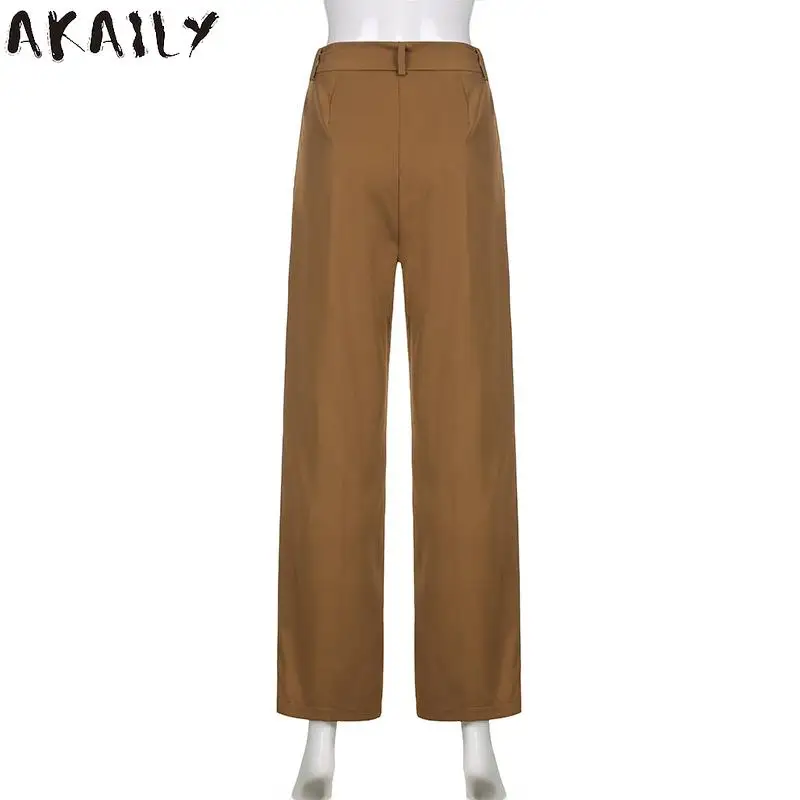 

Akaily 2021 Summer Streetwear Brown Basic Long Pants Women High Waist Lace Up Straight Trousers Female Solid Casual Cargo Pants