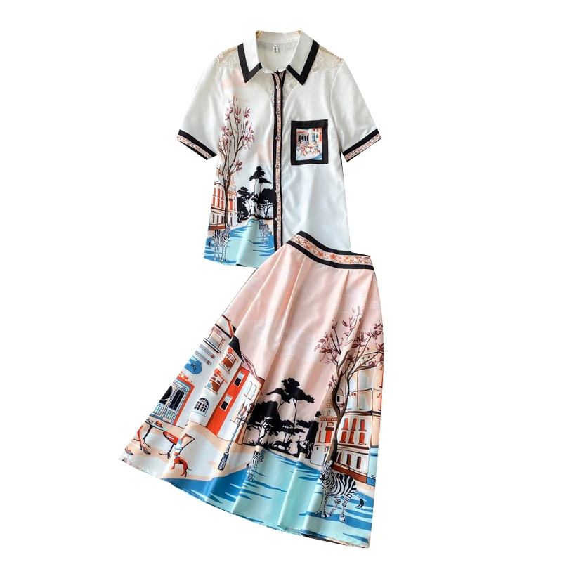

New Spring Chic Women's Lapel Short Sleeve Vintage Print Elegant Shirt Tops + Retro Printed High Waist Skirt Two Piece Sets