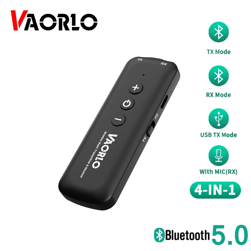 

VAORLO Bluetooth 5.0 Receiver Transmitter Stereo Wireless Audio Adapter With Mic Handsfree Calling USB 3.5mm AUX RCA Low latency