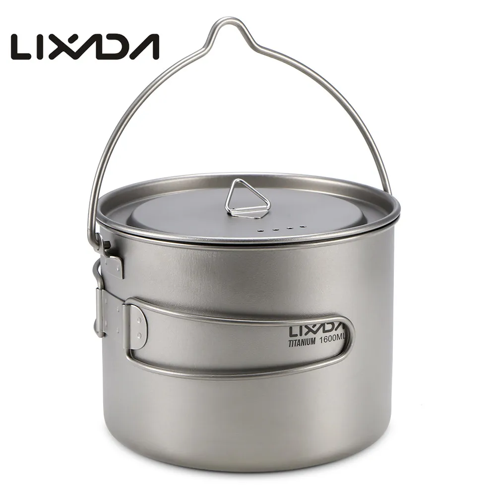 Lixada 900 мл/1600 мл титановая чашка Сверхлегкий портативный подвесной горшок с крышкой и складной ручкой для кемпинга и пеших прогулок