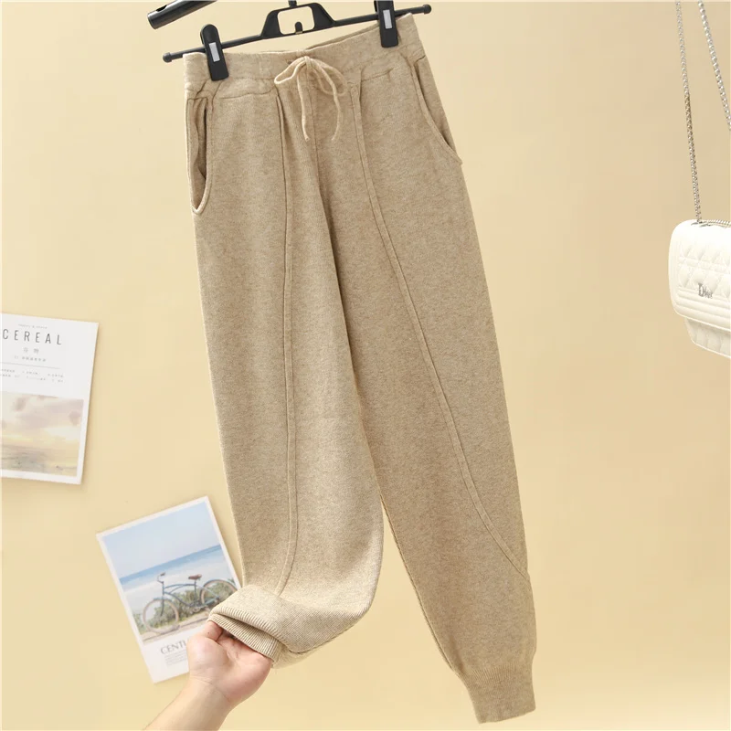 

Women Autumn Winter Casual Knit Pants Woolen High waist Loose Pockets Ladies Harem Carrot Jogging Trousers