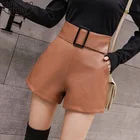Женские короткие шорты из искусственной кожи, черные шорты с высокой талией и широкими штанинами, с поясом, модель 2022 большого размера в Корейском стиле на осень, 7774 50