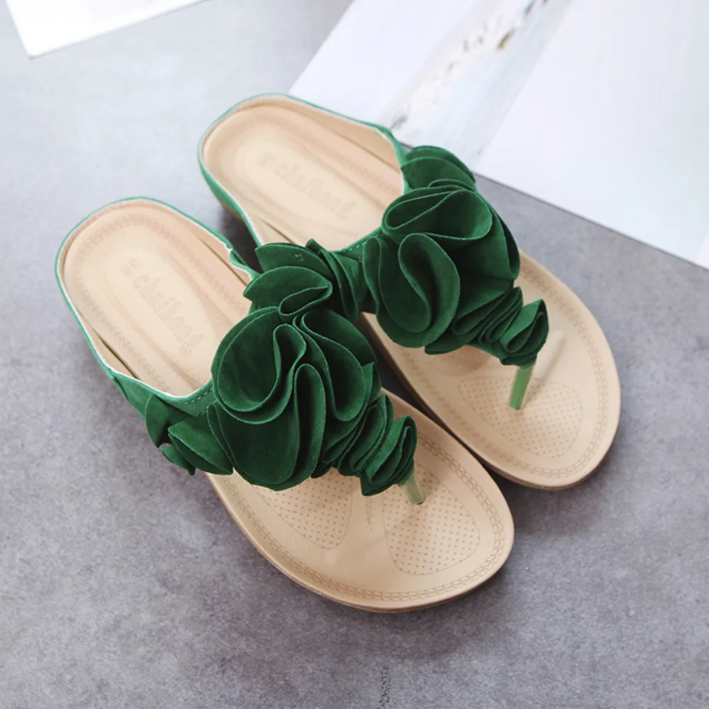 

Summer Women Flat Flip Flops Fashion Floral Slippers Women Solid Causal Slides Women Beach Shoes Black Green