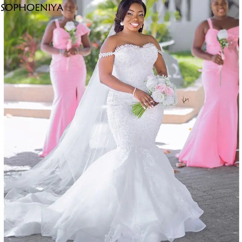 

New Arrival Vestidos Mermaid Wedding Dresses Off the Shoulder Crystal Tulle Lace Appliques Wedding Gowns Robe платье 2021