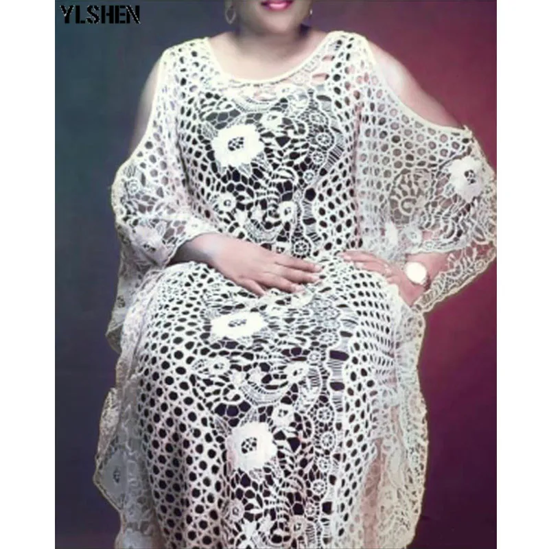 White dress Супер размер, африканские платья для женщин, Дашики Бубу, модные водорастворимые кружева, свободная юбка, вышитая бисером, длинное Африканское платье - Цвет: White dress