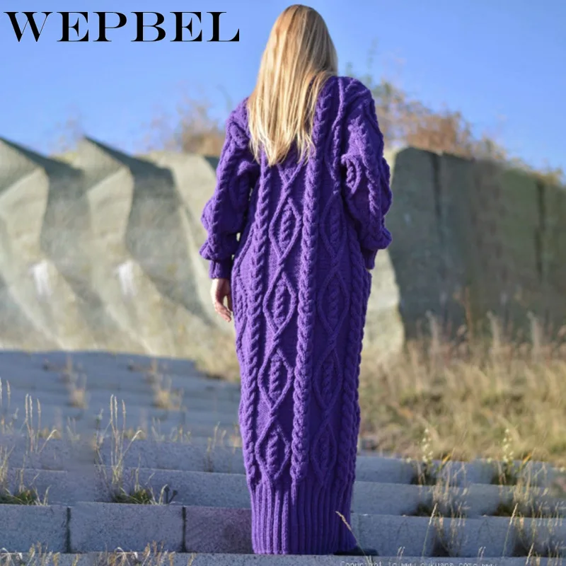

WEPBEL Ladies Warm Thick Long Sleeve Round Neck Knitwear Women Fashion Autumn Winter Loose Knitted Twist Pullover Sweater Dress