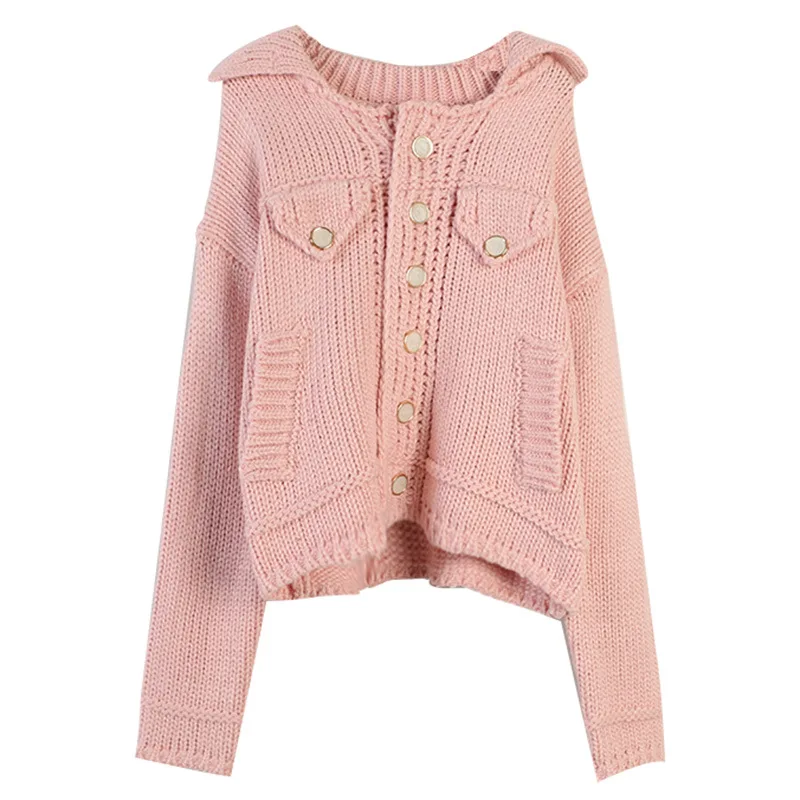 

Shuchan Pink Loose Knitted Sweater Turn-down Collar Casual Single Breasted Cardigan Female Winter Korean Knitwear Women Sweater