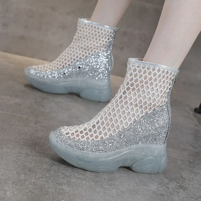 

Jelly Single Shoe New Crystal Shoes Women All-match Middle Heel Mesh Sandals Flat Bottom Ankle Boots Zipper Boots Women
