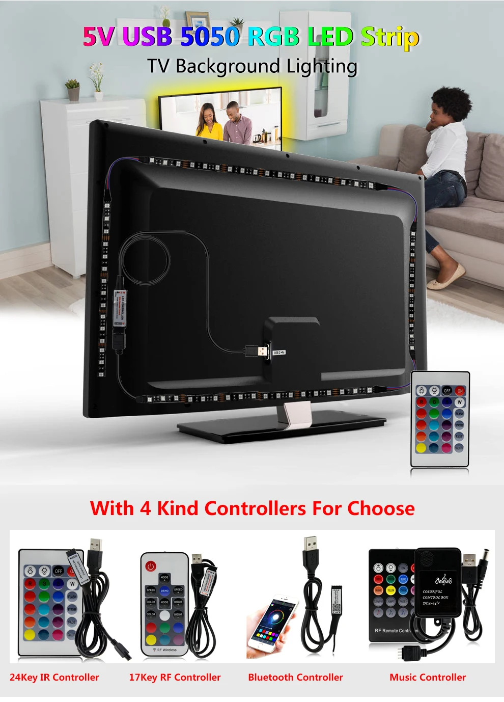 USB Светодиодная лента 5050 гибкий RGB светодиод DC5V RGB цвет сменный ТВ фоновое освещение