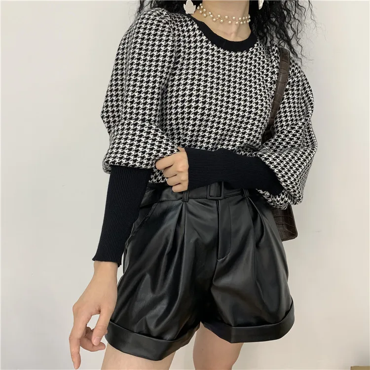 

JCHB 2021 High quality French retro round neck pullover lantern sleeve houndstooth sweater women autumn and winter outer wear ja