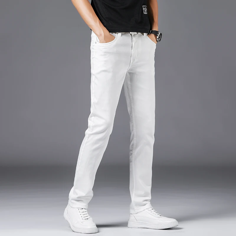 Брюки мужские прямые из денима модные повседневные штаны Slim fit Стрейчевые белые