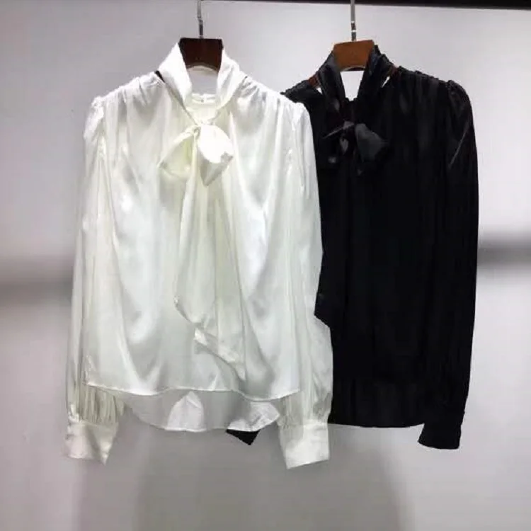 

Luxury Silk Blouse Shirt 2020 Autumn Designer Fashion Women Bow Collar Sexy Asymmetrical Style Long Sleeve Black White Shirts
