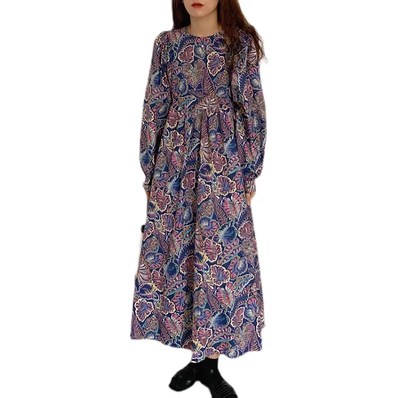 

Fashion Women 2021 Spring Summer Print Dress Full Sleeve Loose Chiffon Holiday Korean Female Casual Mid Dress Vestidos DS292