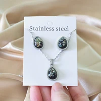 water drop pendant black stone necklace and stud earrings 316l stainless steel jewelry set for women fashion jewelry gift