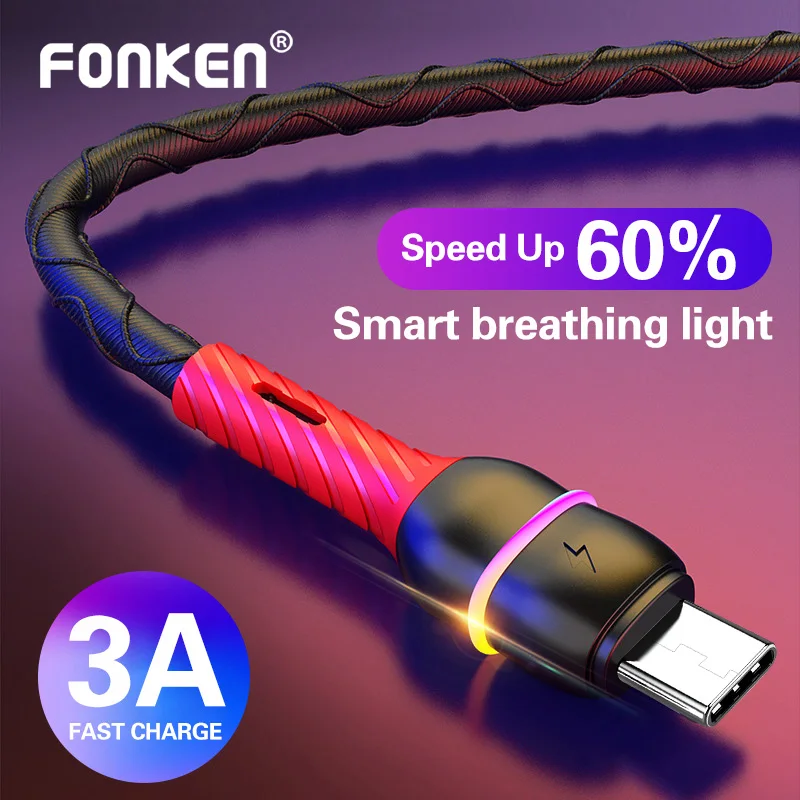 Кабель FONKEN USB Type C цветной с подсветкой кабель Micro 3A для быстрой зарядки телефона