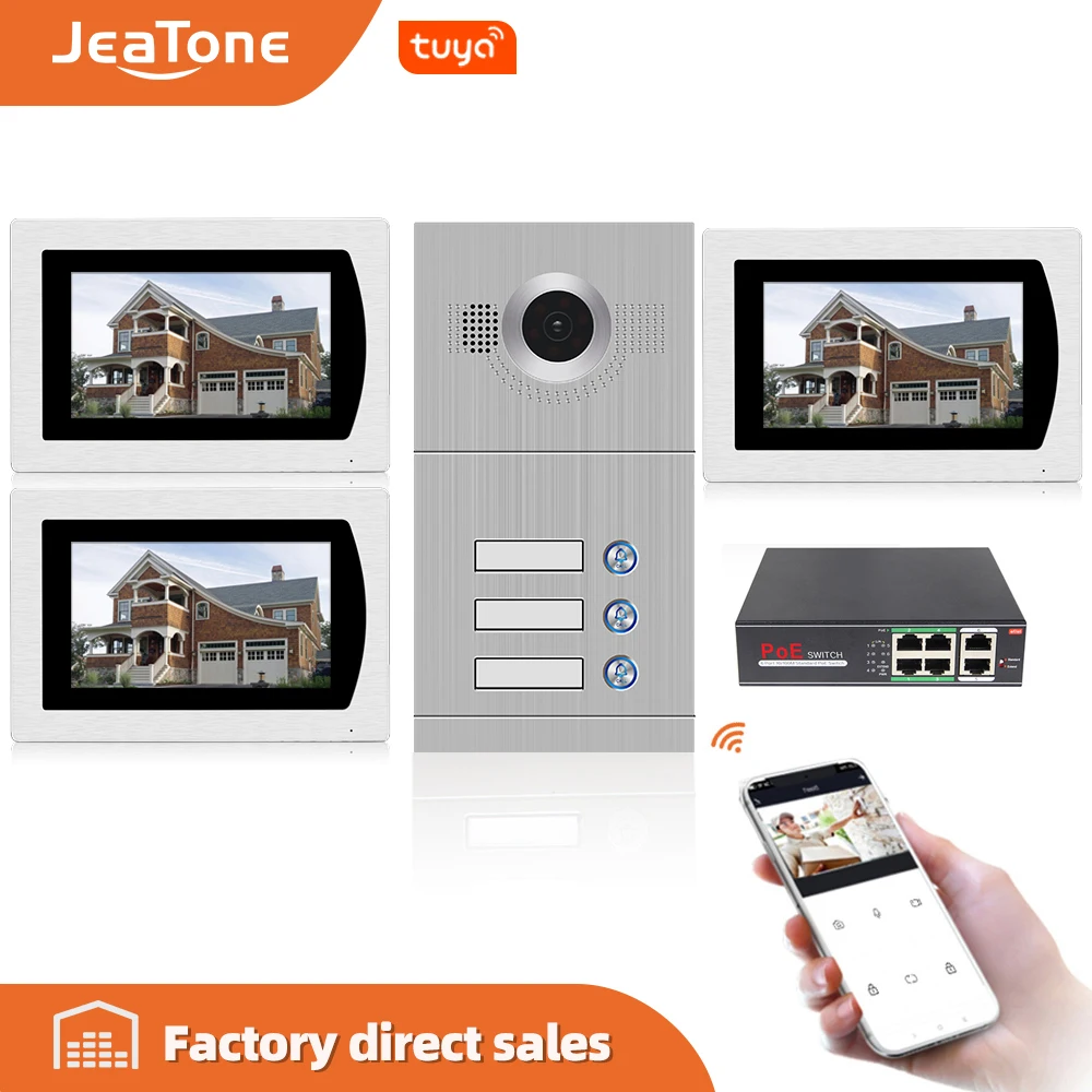 Jeatone Wifi Sip Video Deurtelefoon Intercom Systeem Video Deurbel 7 ''Touch Screen Voor 3 Floor Appartement/8 zone Alarm Ondersteuning App