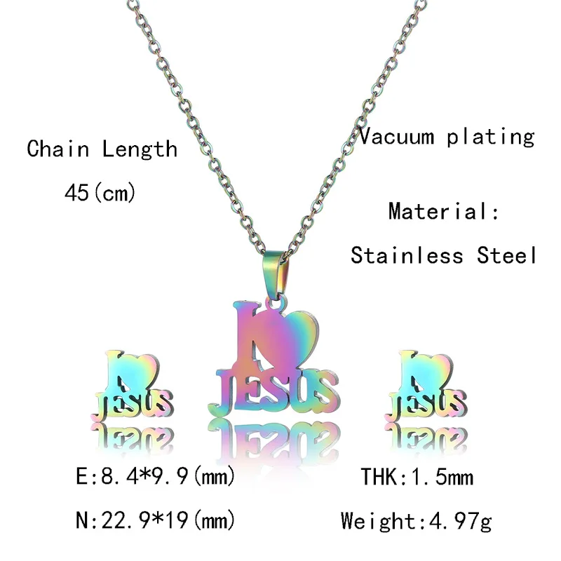 

JESUS Jewelry Sets Stainless Steel Color Pendant Whoelsale Female Accessories Chain Necklace and Stud Earring Pray Heart Jewelry