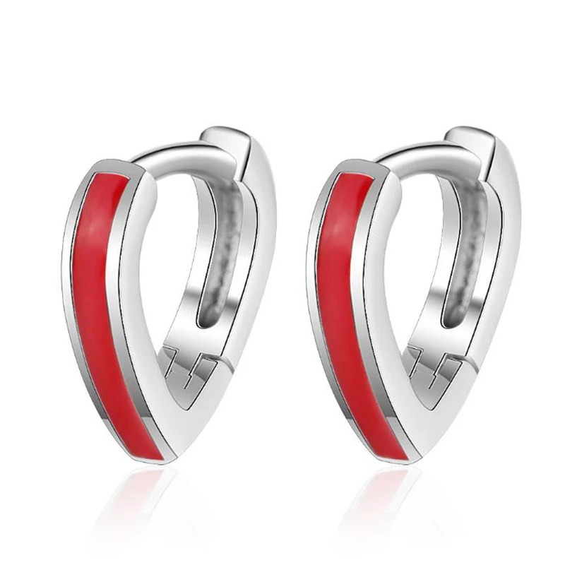 Серьги кольца из серебра 925 пробы с красной эмалью в форме сердца|Серьги-кольца| |