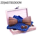 Paisley 3D Walnut Wooden Bow Tie Navy blue Plaid Handkerchief Cufflink Set For Mens Wedding Novelty Accessory Ties and Box