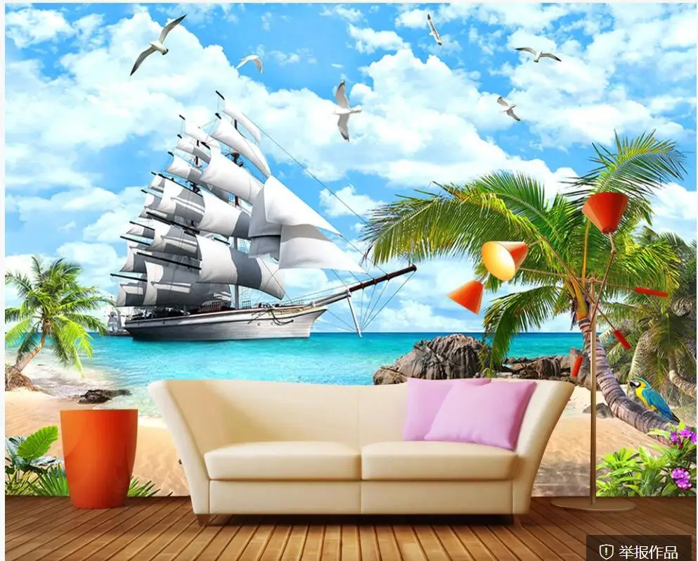 

wall paper 3 d home decor custom mural Seascape scenery landscape painting coconut tree beach photo wallpaper in the living room