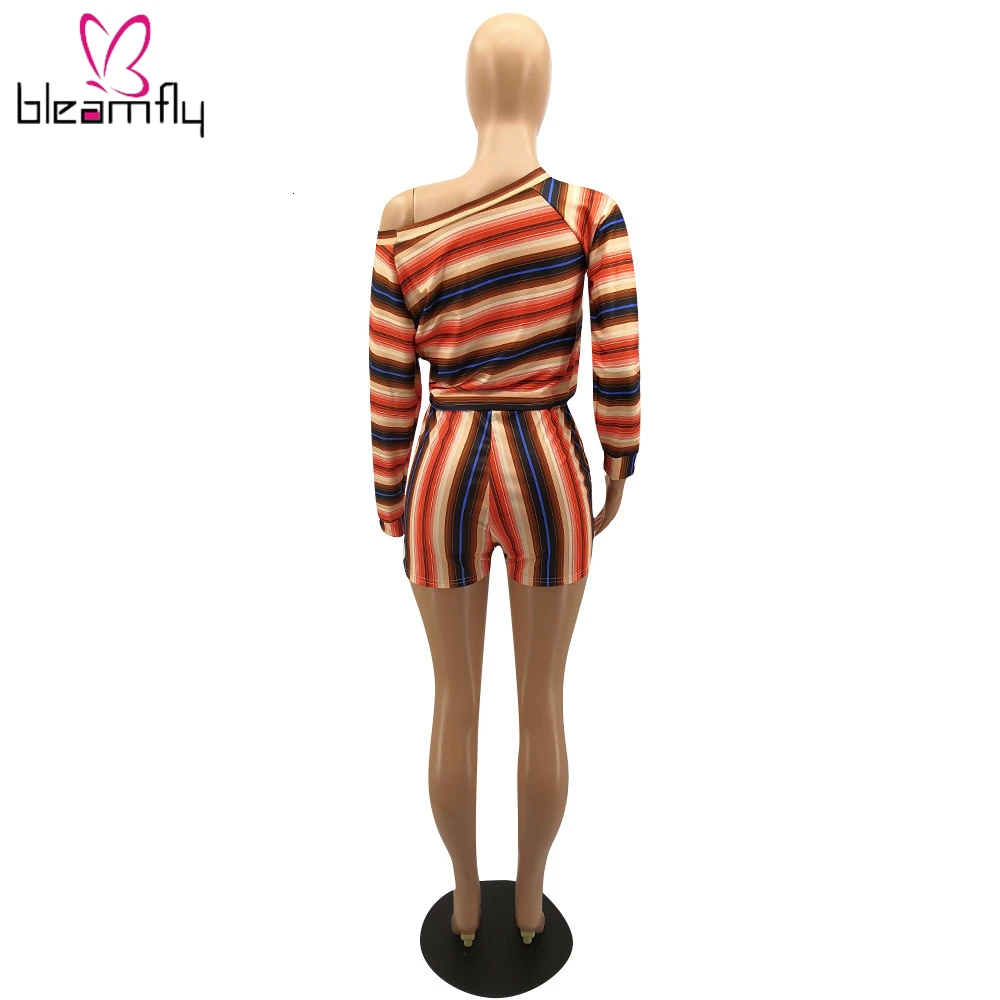 Женский Осенний Цветной полосатый принт с открытыми плечами длинный рукав