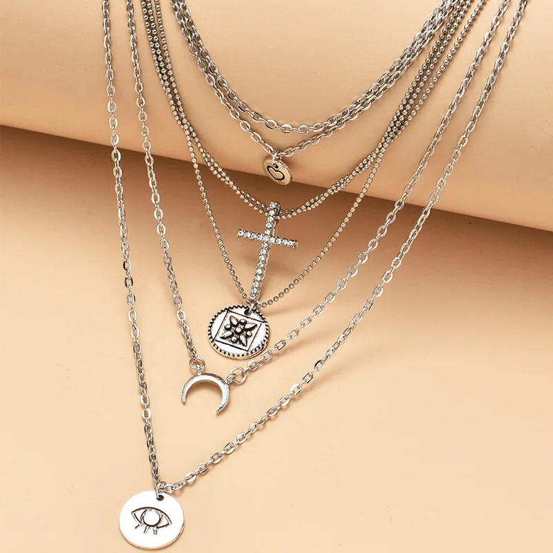 Ожерелье женское серебристое с кулоном в виде сердца Креста хрусталя Луны резных