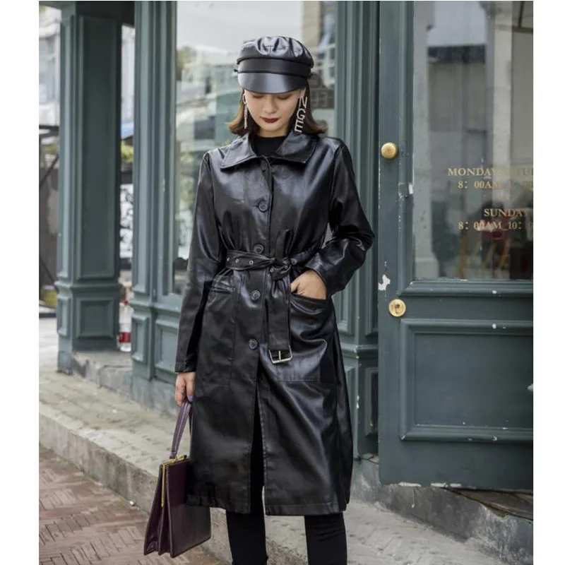 Женская куртка из искусственной кожи осень-зима 2019 женский тренчкот с поясом